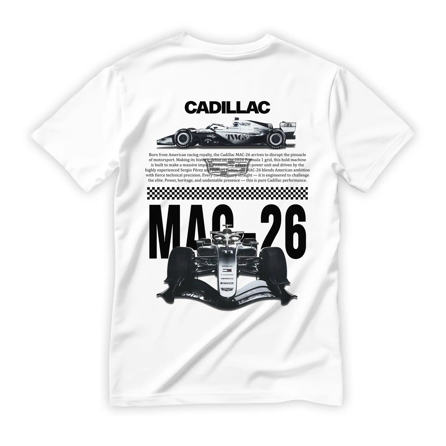 Biała koszulka bawełniana z nowoczesnym, technicznym nadrukiem na plecach halftone bolidu Formuły 1 Cadillac MAC-26 na sezon 2026 z nazwiskami Sergio Pérez i Valtteri Bottas