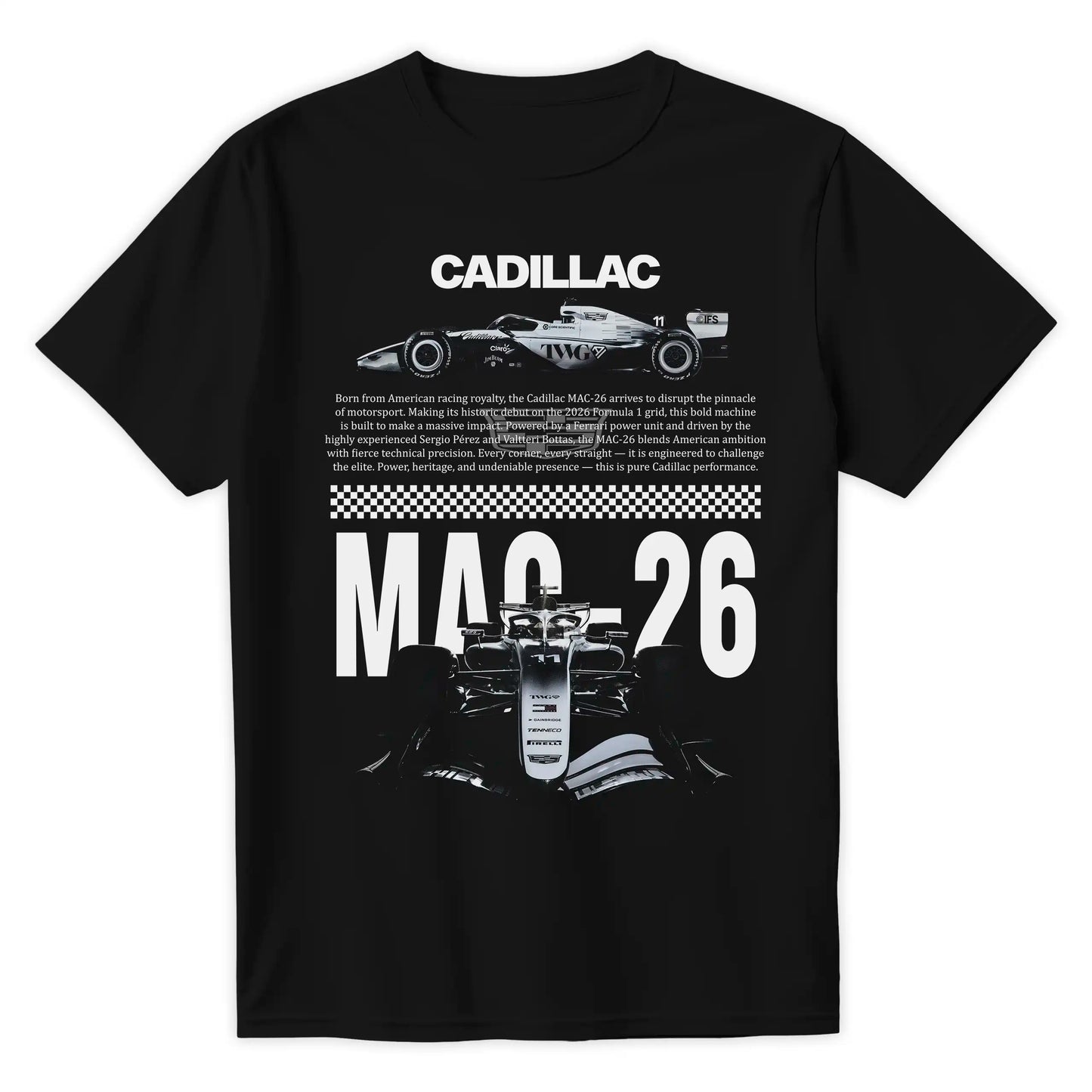 Czarna koszulka bawełniana z nowoczesnym, technicznym nadrukiem halftone bolidu Formuły 1 Cadillac MAC-26 na sezon 2026 z nazwiskami Sergio Pérez i Valtteri Bottas