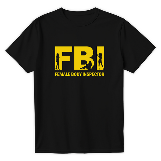 Śmieszna czarna koszulka z żółtym napisem FBI Female Body Inspector i sylwetkami kobiet