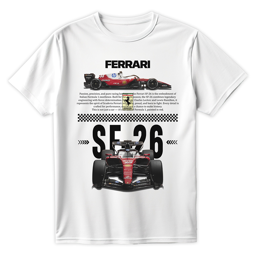 Biała koszulka bawełniana z dużym, nowoczesnym nadrukiem halftone bolidu Formuły 1 Scuderia Ferrari SF-26 na sezon 2026 z nazwiskami Leclerc i Hamilton