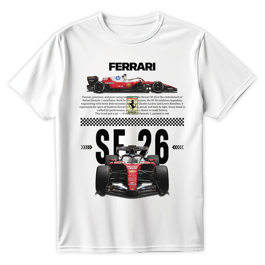 Biała koszulka bawełniana z dużym, nowoczesnym nadrukiem halftone bolidu Formuły 1 Scuderia Ferrari SF-26 na sezon 2026 z nazwiskami Leclerc i Hamilton