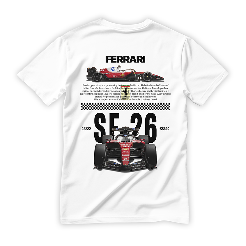 Biała koszulka bawełniana z dużym, nowoczesnym nadrukiem halftone na plecach bolidu Formuły 1 Scuderia Ferrari SF-26 na sezon 2026 z nazwiskami Leclerc i Hamilton