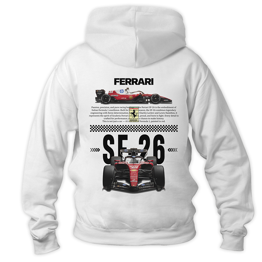 Biała bluza z kapturem typu kangurka widziana od tyłu, z potężnym, technicznym nadrukiem halftone bolidu Formuły 1 Scuderia Ferrari SF-26 na plecach na sezon 2026