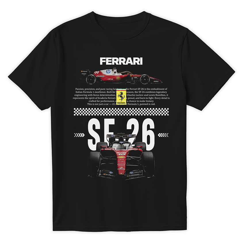 Czarna koszulka bawełniana z dużym, nowoczesnym nadrukiem halftone bolidu Formuły 1 Scuderia Ferrari SF-26 na sezon 2026 z nazwiskami Leclerc i Hamilton