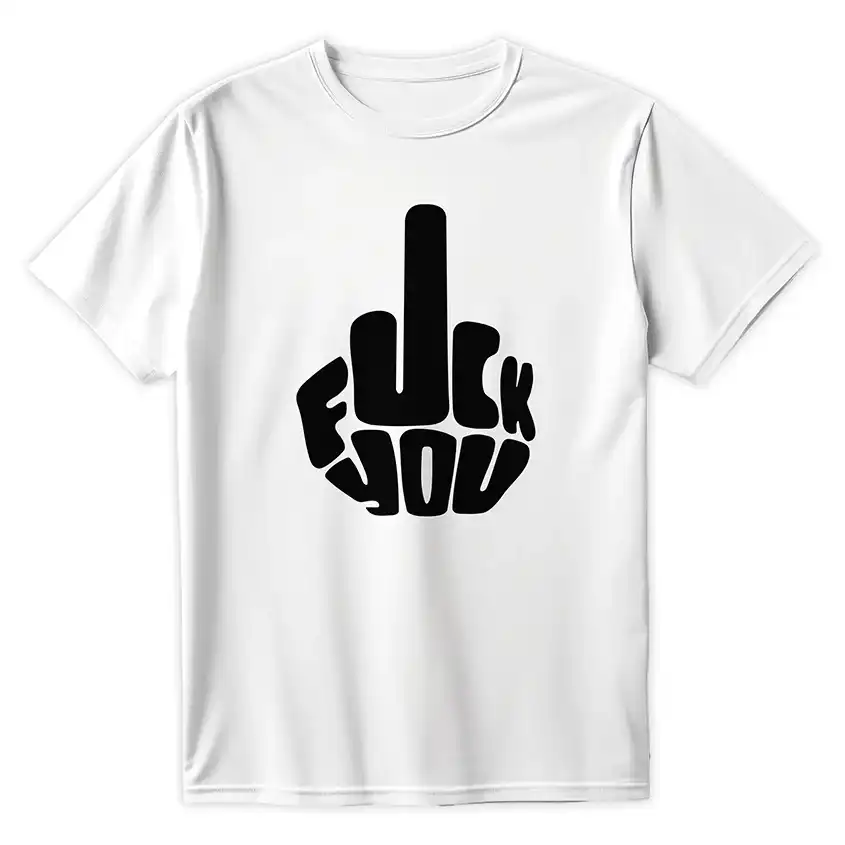 Biała koszulka z czarnym nadrukiem środkowego palca i napisem FUCK YOU na przodzie