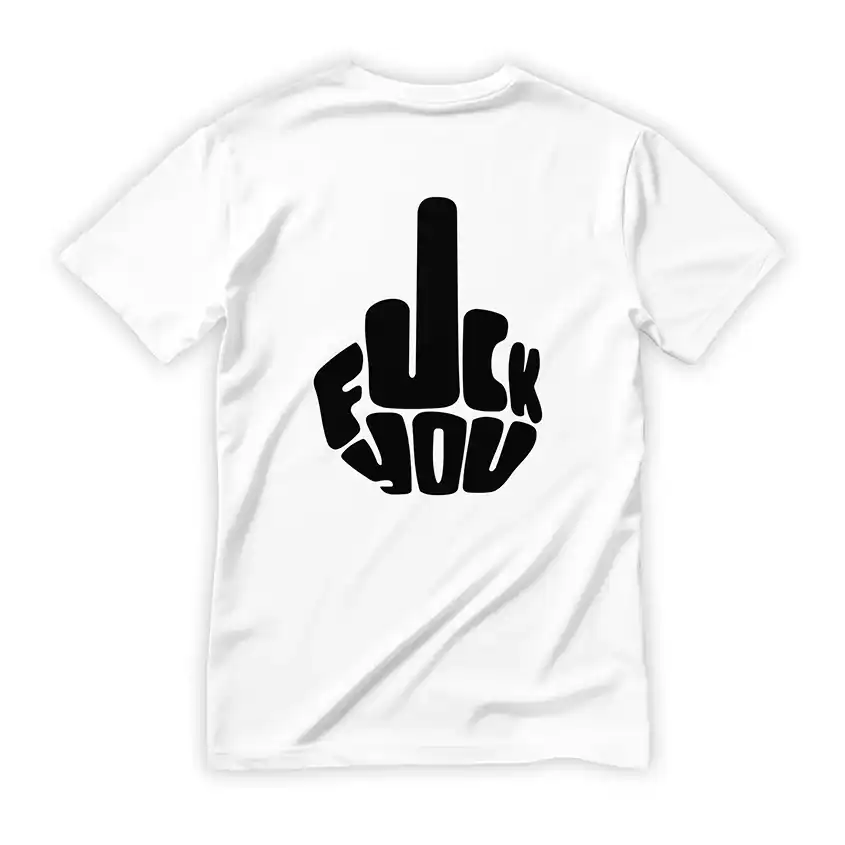 Biała koszulka z dużym czarnym nadrukiem środkowego palca i napisem FUCK YOU na plecach