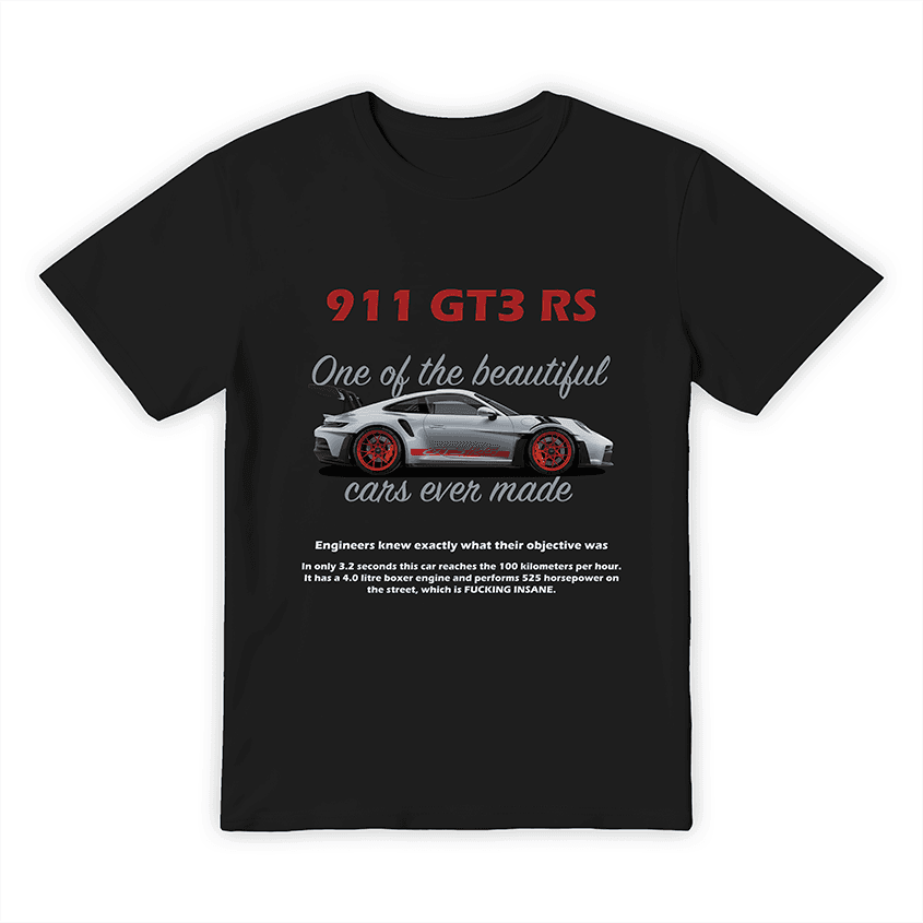 Czarna koszulka z grafiką sportowego auta i napisem 911 GT3 RS w stylu motoryzacyjnym