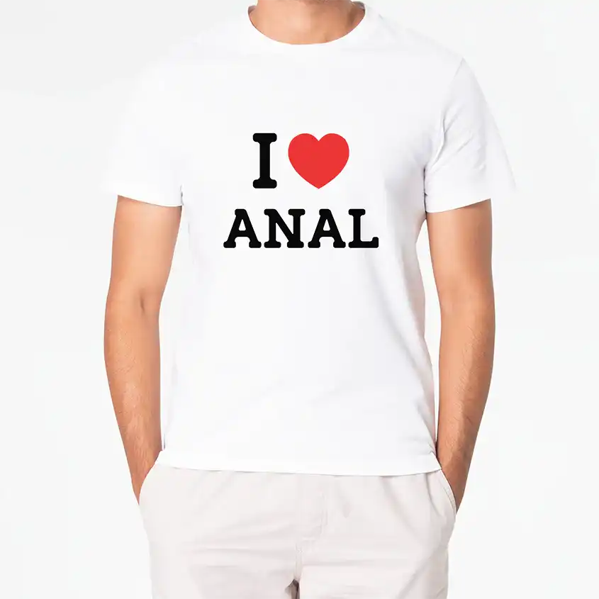 Biała koszulka z nadrukiem I serce ANAL, zabawny letni T-shirt męski