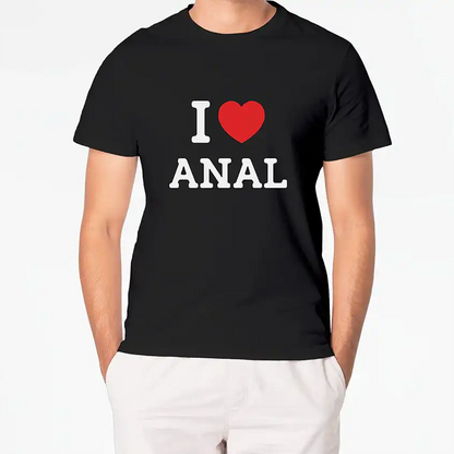 Czarna koszulka z białym napisem I love anal i czerwonym sercem na środku