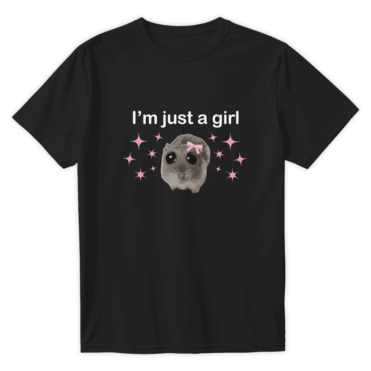 Czarna koszulka z napisem I’m just a girl, szarą myszką i różowymi gwiazdkami