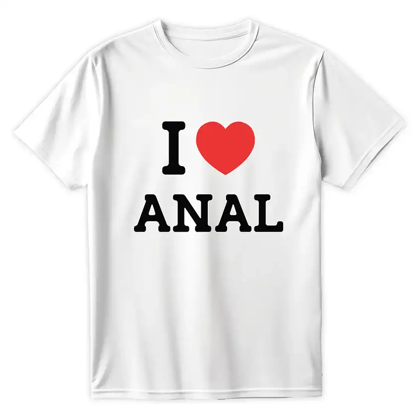 Biała koszulka z nadrukiem I love anal i czerwonym sercem na środku