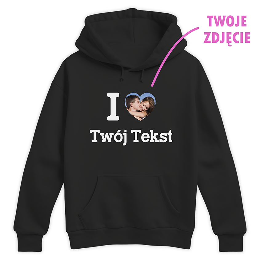 Czarna bluza z napisem I love Twój Tekst i personalizowanym zdjęciem w kształcie serca