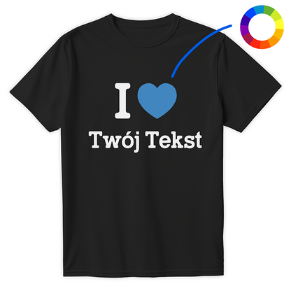 Czarna koszulka z nadrukiem I ♥ Twój Tekst, personalizowany napis, kolorowe serce