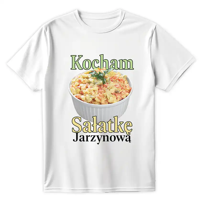 Biała koszulka z nadrukiem miski sałatki jarzynowej i napisem Kocham Sałatkę Jarzynową