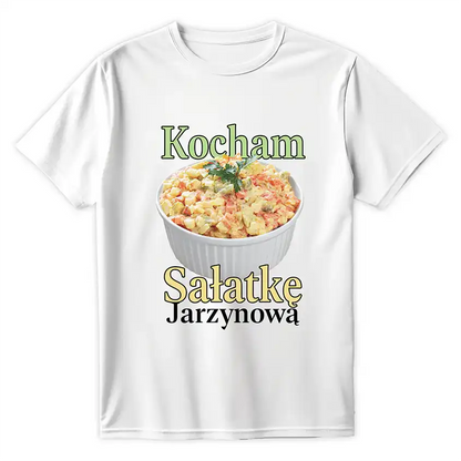 Biała koszulka z nadrukiem miski sałatki jarzynowej i napisem Kocham Sałatkę Jarzynową