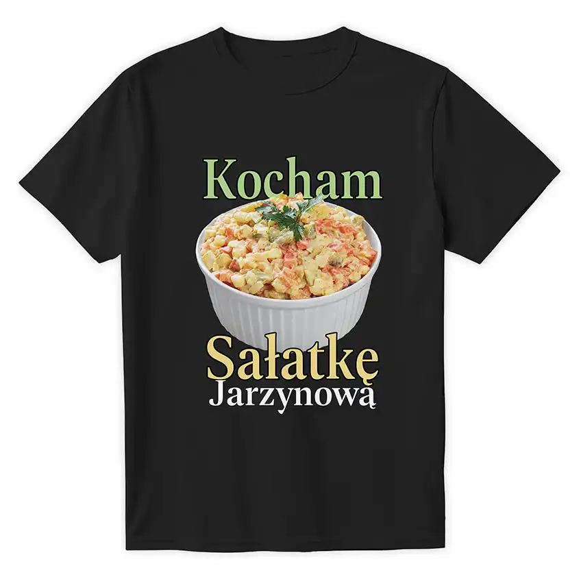 Czarna koszulka z nadrukiem miski sałatki jarzynowej i napisem Kocham Sałatkę Jarzynową