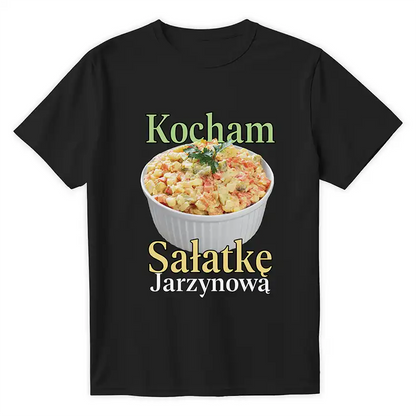 Czarna koszulka z nadrukiem miski sałatki jarzynowej i napisem Kocham Sałatkę Jarzynową