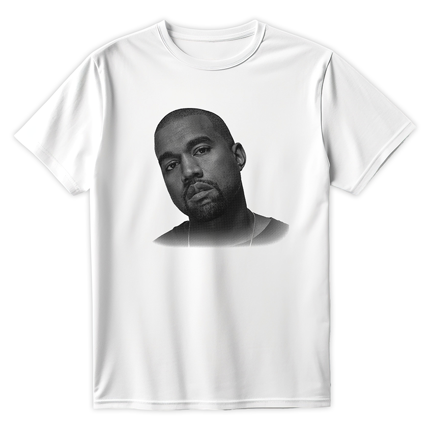 Biała koszulka z nadrukiem twarzy Kanye Westa w stylu streetwear, dostępna w wersji kolorowej i monochromatycznej