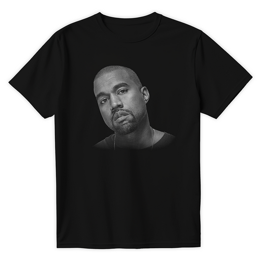 Czarna koszulka z nadrukiem twarzy Kanye Westa w stylu streetwear, dostępna w wersji kolorowej i monochromatycznej