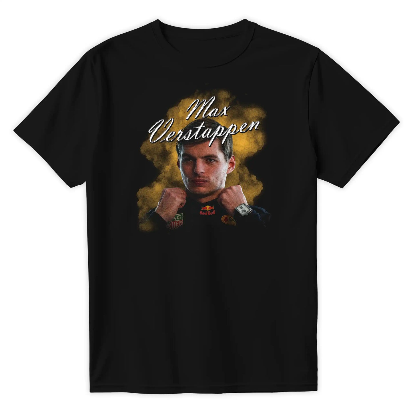 Czarna Koszulka z krótkim rękawem z przodu, przedstawiająca artystyczny portret trzykrotnego mistrza świata F1 Maxa Verstappena w technice halftone w barwach Red Bull Racing.