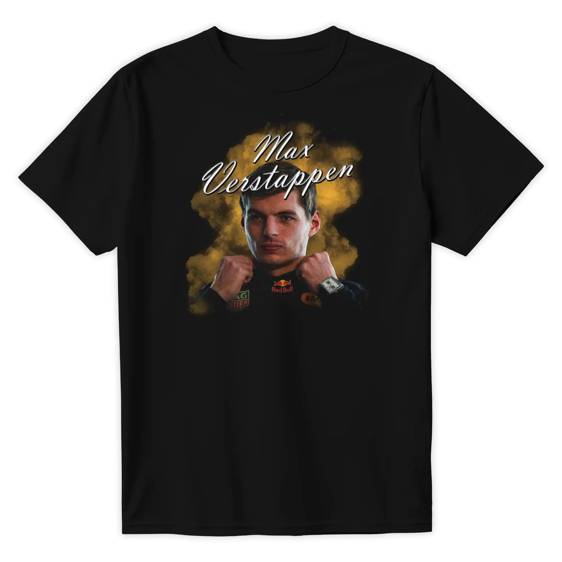Czarna Koszulka z krótkim rękawem z przodu, przedstawiająca artystyczny portret trzykrotnego mistrza świata F1 Maxa Verstappena w technice halftone w barwach Red Bull Racing.