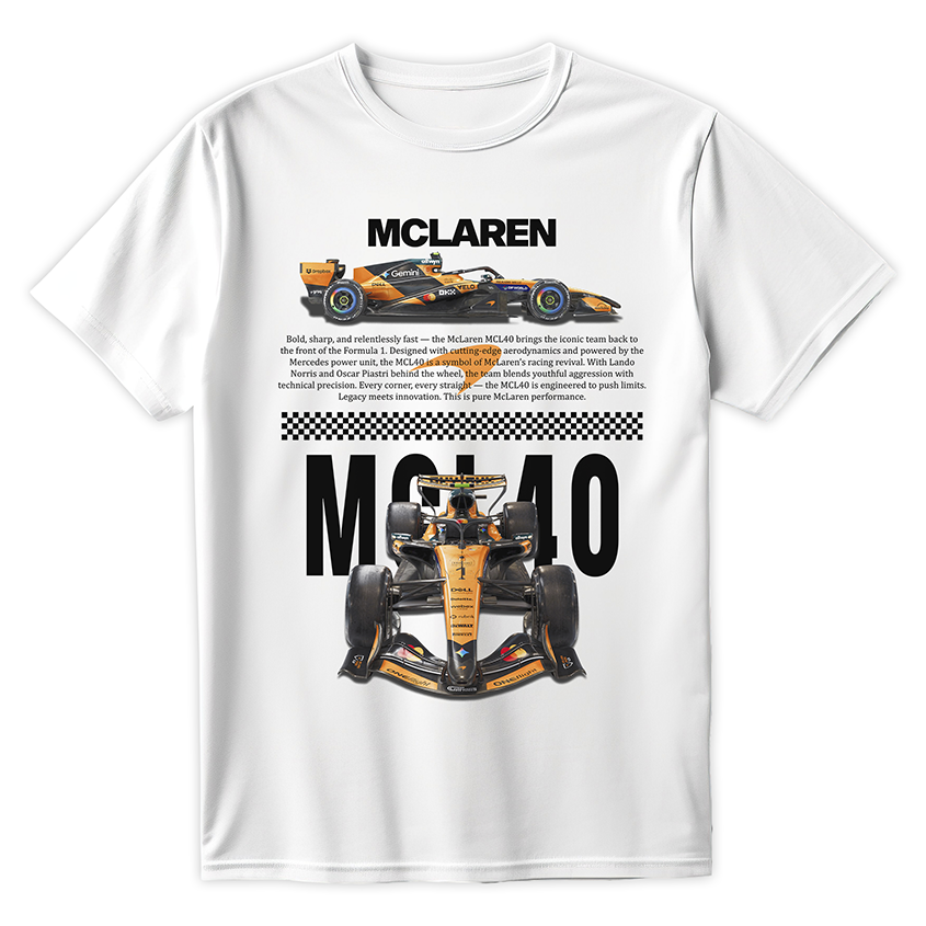 Biała koszulka bawełniana z dużym, nowoczesnym nadrukiem halftone bolidu Formuły 1 McLaren MCL40 na sezon 2026 w kolorze Papaya Orange