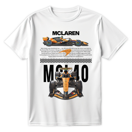 Biała koszulka bawełniana z dużym, nowoczesnym nadrukiem halftone bolidu Formuły 1 McLaren MCL40 na sezon 2026 w kolorze Papaya Orange