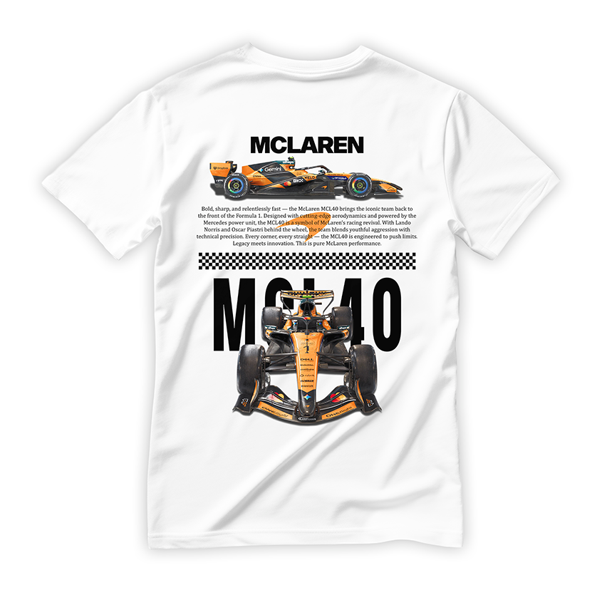 Biała koszulka bawełniana z dużym, nowoczesnym nadrukiem halftone na plecach bolidu Formuły 1 McLaren MCL40 na sezon 2026 w kolorze Papaya Orange