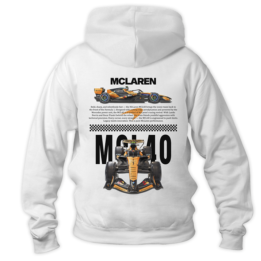 Biała bluza z kapturem typu kangurka widziana od tyłu, z potężnym, technicznym nadrukiem halftone bolidu Formuły 1 McLaren MCL40 na plecach na sezon 2026