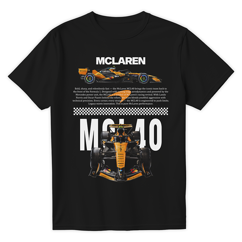Czarna koszulka bawełniana z dużym, nowoczesnym nadrukiem halftone bolidu Formuły 1 McLaren MCL40 na sezon 2026 w kolorze Papaya Orange