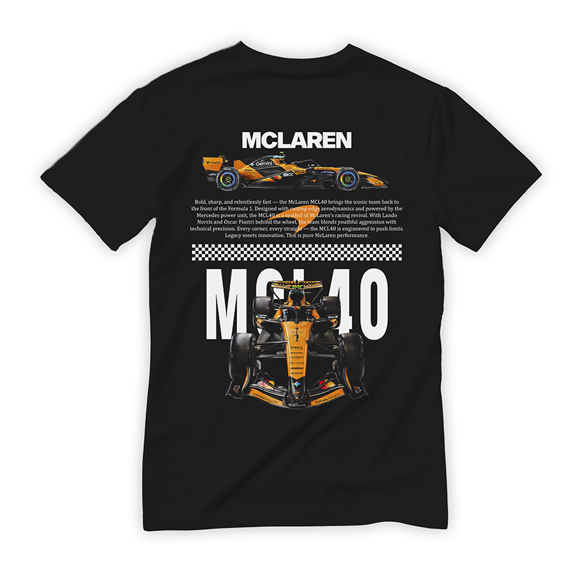 Czarna koszulka bawełniana z dużym, nowoczesnym nadrukiem halftone na plecach bolidu Formuły 1 McLaren MCL40 na sezon 2026 w kolorze Papaya Orange