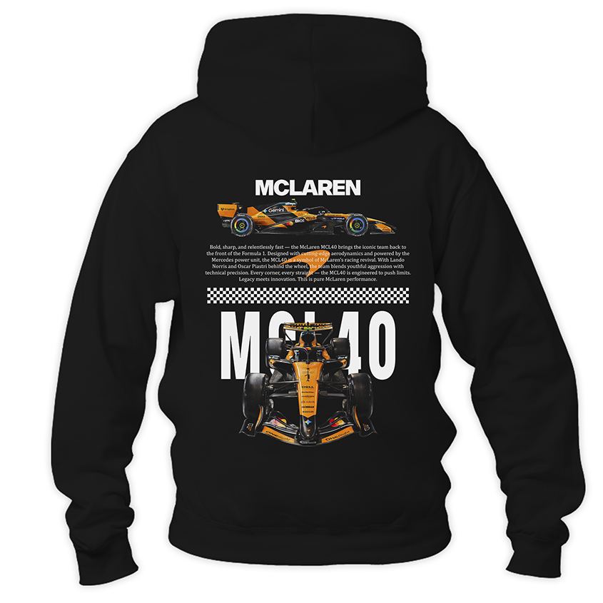 Czarna bluza z kapturem typu kangurka widziana od tyłu, z potężnym, technicznym nadrukiem halftone bolidu Formuły 1 McLaren MCL40 na plecach na sezon 2026