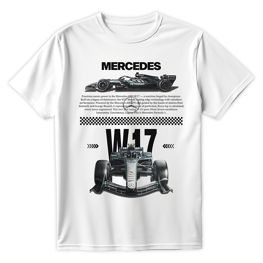 Biała koszulka bawełniana z dużym, nowoczesnym nadrukiem halftone bolidu Formuły 1 Mercedes-AMG W17 na sezon 2026 z nazwiskami Russell i Antonelli