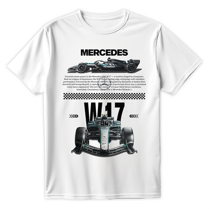 Biała koszulka bawełniana z dużym, nowoczesnym nadrukiem halftone bolidu Formuły 1 Mercedes-AMG W17 na sezon 2026 z nazwiskami Russell i Antonelli