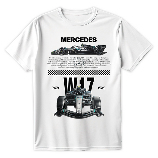 Biała koszulka bawełniana z dużym, nowoczesnym nadrukiem halftone bolidu Formuły 1 Mercedes-AMG W17 na sezon 2026 z nazwiskami Russell i Antonelli