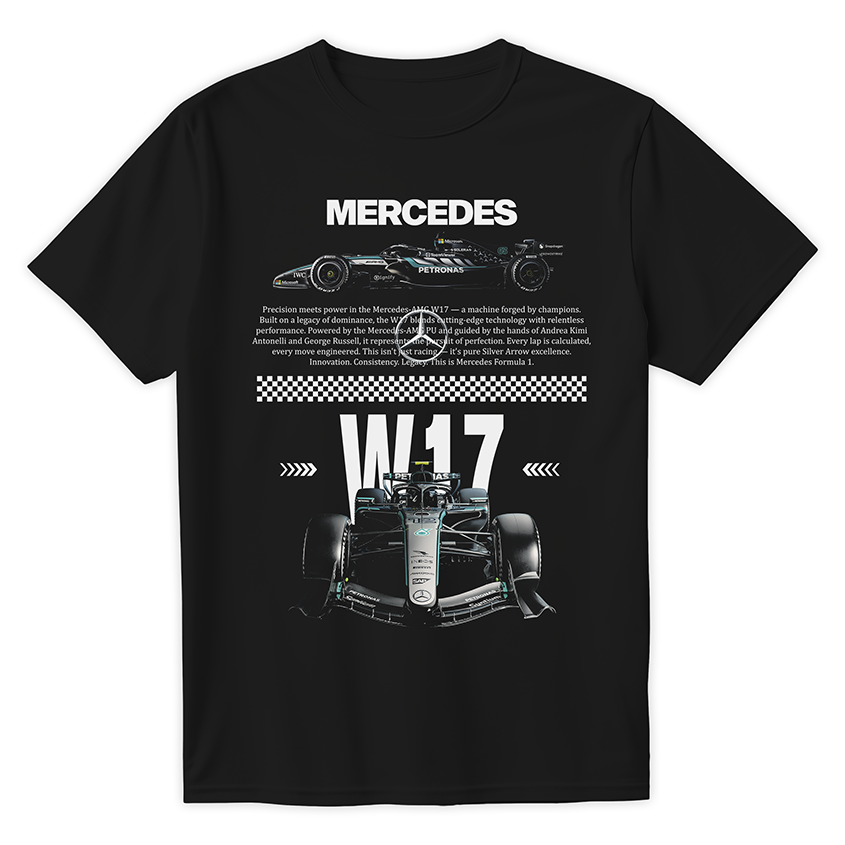 Czarna koszulka bawełniana z dużym, nowoczesnym nadrukiem halftone bolidu Formuły 1 Mercedes-AMG W17 na sezon 2026 z nazwiskami Russell i Antonelli