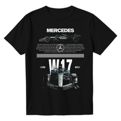 Czarna koszulka bawełniana z dużym, nowoczesnym nadrukiem halftone bolidu Formuły 1 Mercedes-AMG W17 na sezon 2026 z nazwiskami Russell i Antonelli
