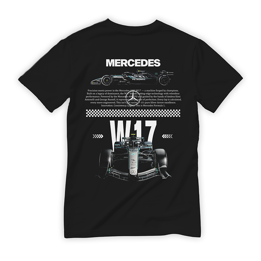 Czarna koszulka bawełniana z dużym, nowoczesnym nadrukiem halftone na plecach bolidu Formuły 1 Mercedes-AMG W17 na sezon 2026 z nazwiskami Russell i Antonelli