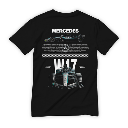 Czarna koszulka bawełniana z dużym, nowoczesnym nadrukiem halftone na plecach bolidu Formuły 1 Mercedes-AMG W17 na sezon 2026 z nazwiskami Russell i Antonelli