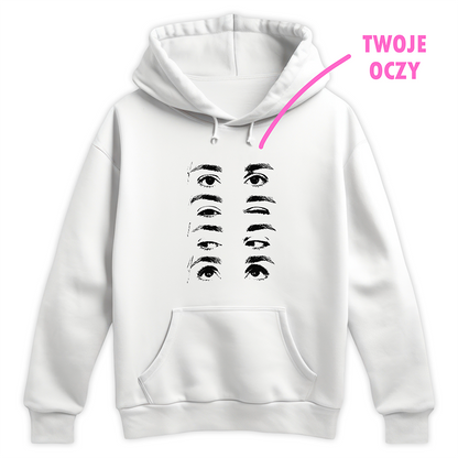 Biała bluza z nadrukiem kilku par czarnych oczu i napisem TWOJE OCZY w różowym kolorze