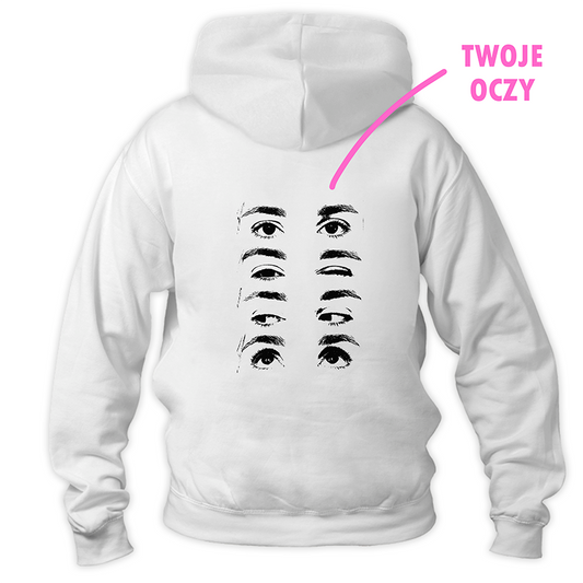 Biała bluza z nadrukiem oczu i różowym napisem TWOJE OCZY na plecach