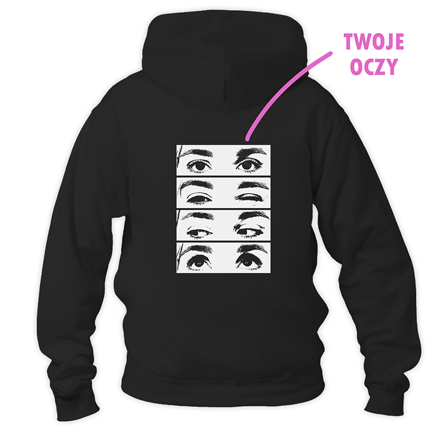 Czarna bluza z nadrukiem różnych spojrzeń oczu i napisem TWOJE OCZY