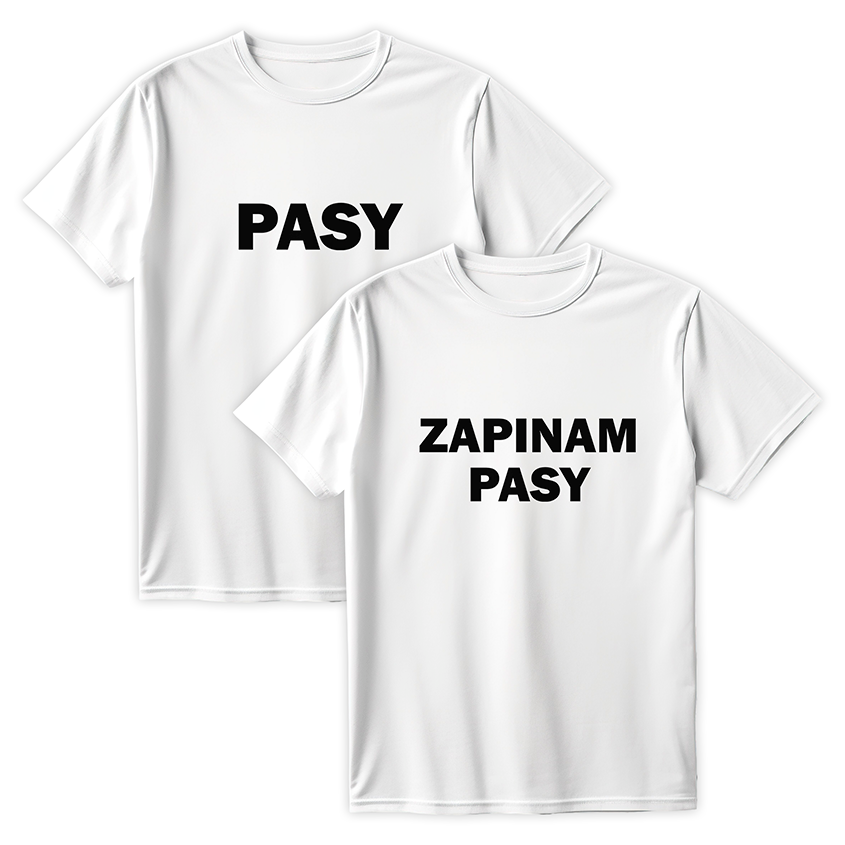 Dwie białe koszulki dla par z czarnymi napisami PASY oraz ZAPINAM PASY