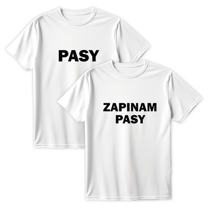 Dwie białe koszulki dla par z czarnymi napisami PASY oraz ZAPINAM PASY