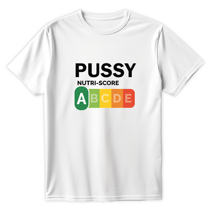 Biała koszulka z nadrukiem PUSSY NUTRI-SCORE i kolorową grafiką nutri-score