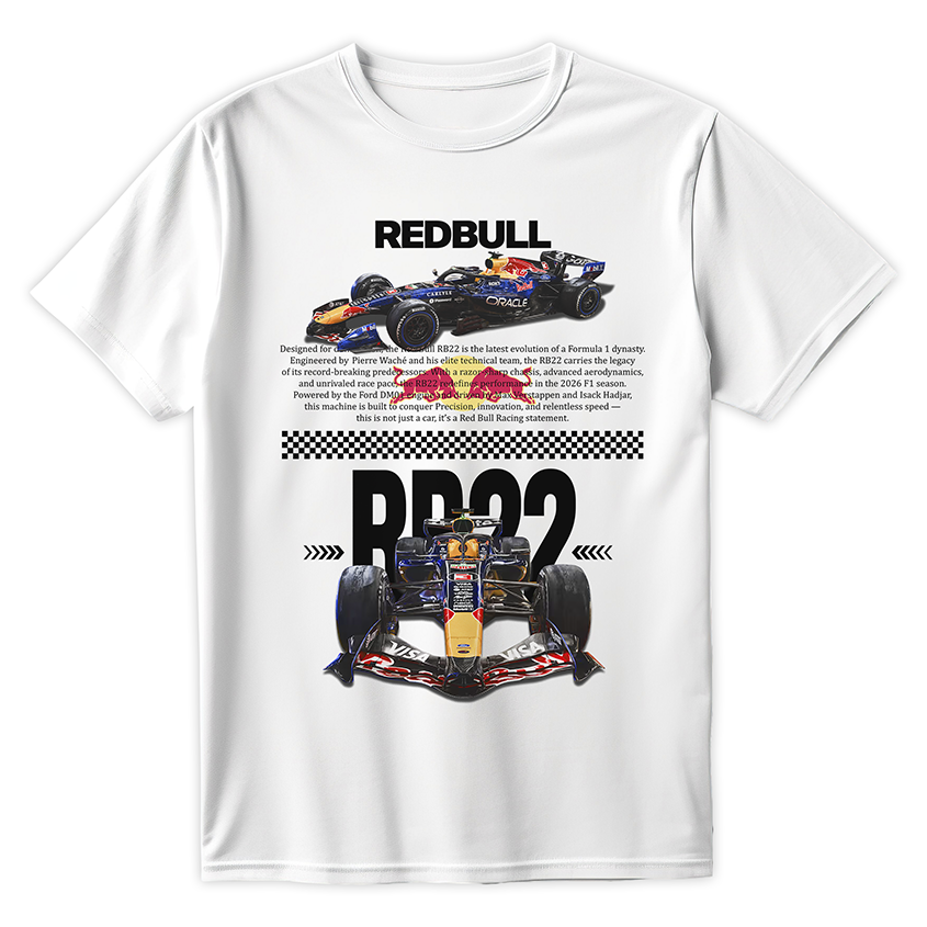 Biała koszulka bawełniana z dużym, nowoczesnym nadrukiem bolidu Formuły 1 Red Bull Racing RB22 i technicznymi napisami na sezon 2026