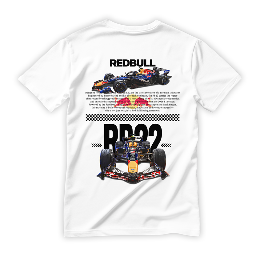 Biała koszulka bawełniana z dużym, nowoczesnym nadrukiem na plecach bolidu Formuły 1 Red Bull Racing RB22 i technicznymi napisami na sezon 2026