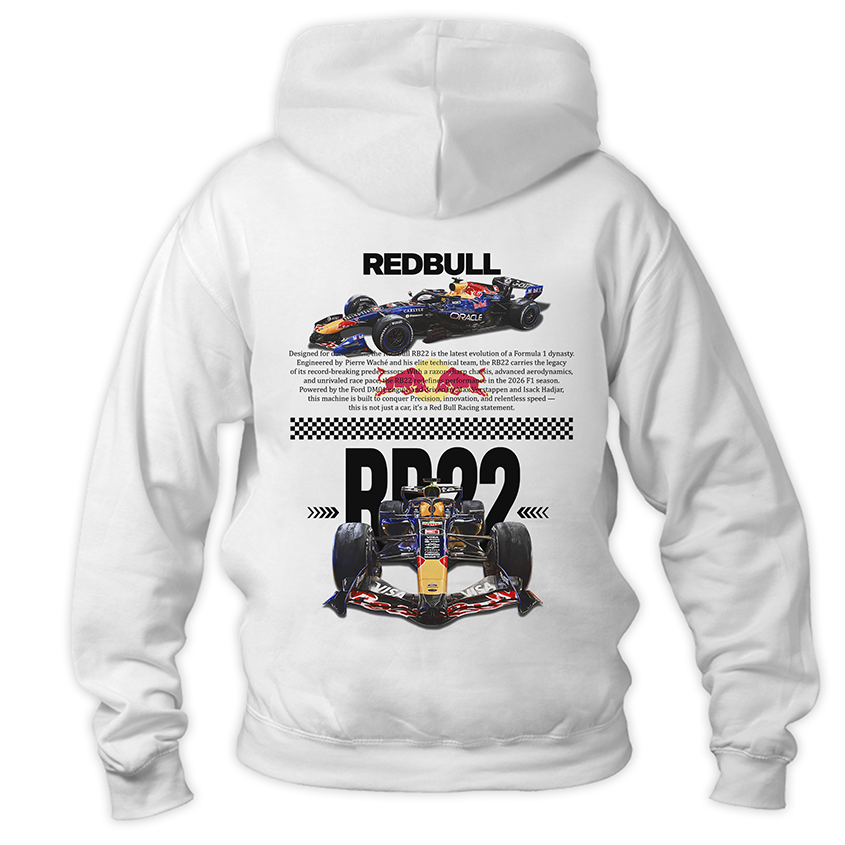 Biała bluza z kapturem typu kangurka widziana od tyłu, z potężnym, technicznym nadrukiem halftone bolidu Formuły 1 Red Bull Racing RB22 na plecach na sezon 2026