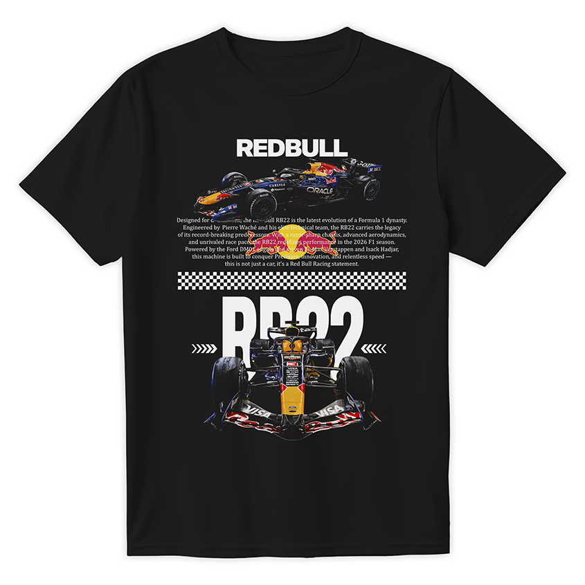 Czarna koszulka bawełniana z dużym, nowoczesnym nadrukiem bolidu Formuły 1 Red Bull Racing RB22 i technicznymi napisami na sezon 2026