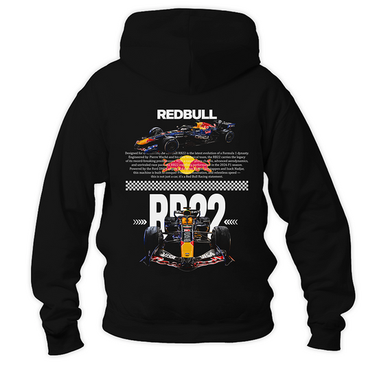 Czarna bluza z kapturem typu kangurka widziana od tyłu, z potężnym, technicznym nadrukiem halftone bolidu Formuły 1 Red Bull Racing RB22 na plecach na sezon 2026